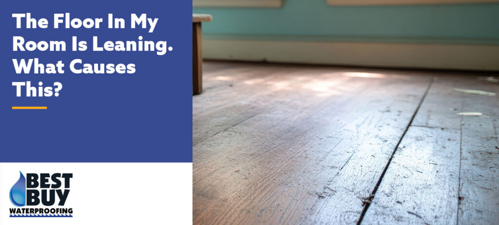 Uneven wooden floor inside a room showing signs of sagging or leaning due to foundation or structural support issues.
