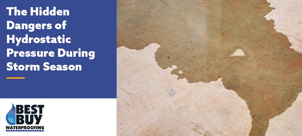 Water seepage spreading across a basement floor caused by hydrostatic pressure during storm season.