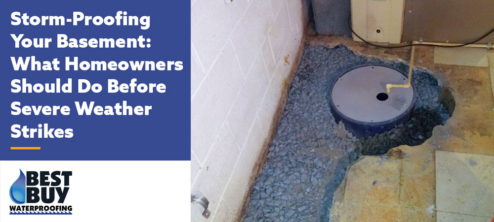 Storm-proofed basement with an interior drainage system and sump pump installed to prevent flooding during severe weather.