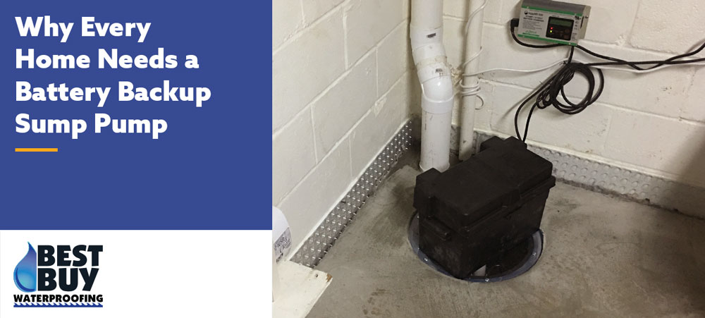 Battery backup sump pump installed in a basement with sealed sump pit and discharge pipe to prevent flooding during power outages.