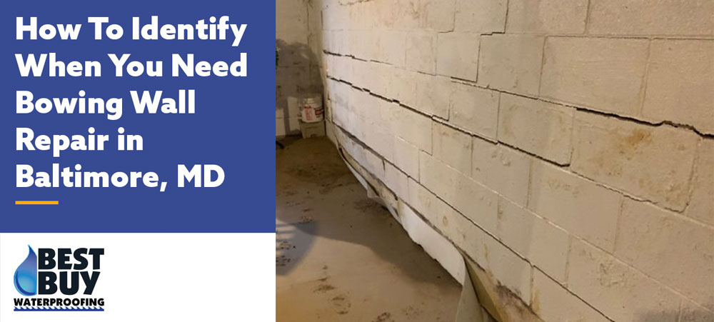 Bowing basement wall with horizontal cracking in a Baltimore, MD home showing signs that professional wall repair is needed.
