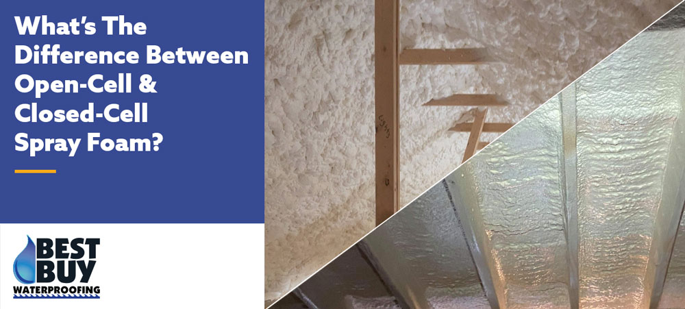 Side-by-side comparison of open-cell and closed-cell spray foam insulation applied in a wood-framed wall and attic space.