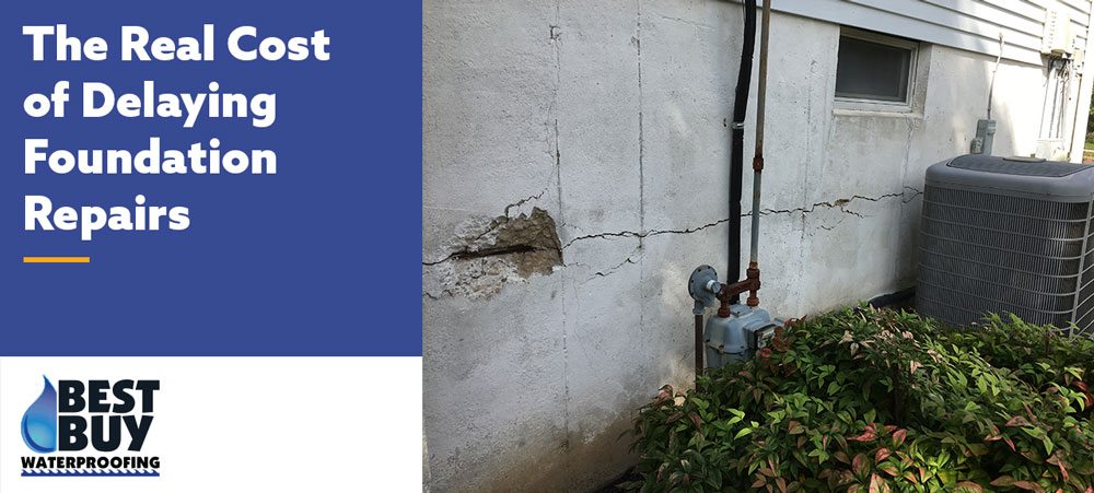 Exterior basement wall with a horizontal foundation crack, showing damage that can worsen when foundation repairs are delayed.