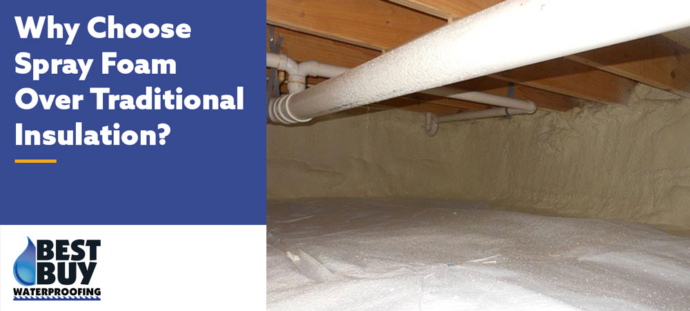 Spray foam insulation installed in a crawl space sealing floor and foundation walls to improve energy efficiency and moisture control.