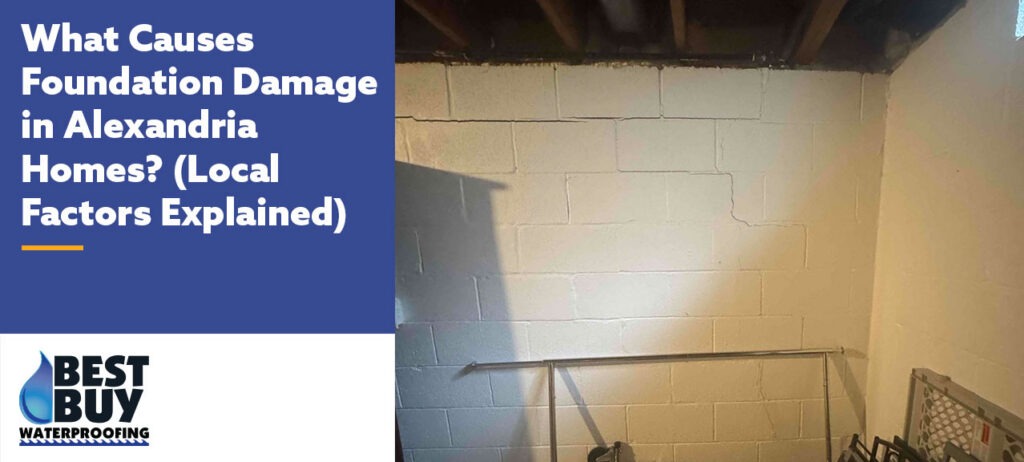 Cracked concrete block foundation wall in an Alexandria home basement, showing stair-step cracking and wall movement that may indicate foundation damage.