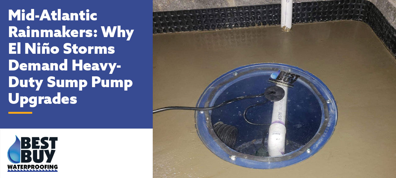 Heavy-duty sump pump system installed in a basement waterproofing pit, designed to remove groundwater and protect homes from flooding during severe Mid-Atlantic storms.