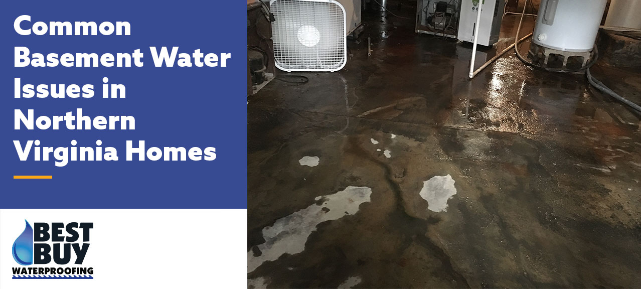Wet basement floor with visible water intrusion, staining, and moisture buildup around household equipment, illustrating common basement water problems in Northern Virginia homes.