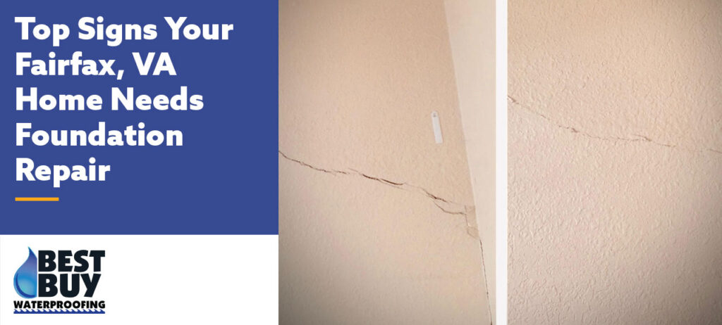 Interior wall with a long horizontal crack and intersecting vertical crack, highlighting a common warning sign of foundation settlement in a Fairfax, Virginia home.