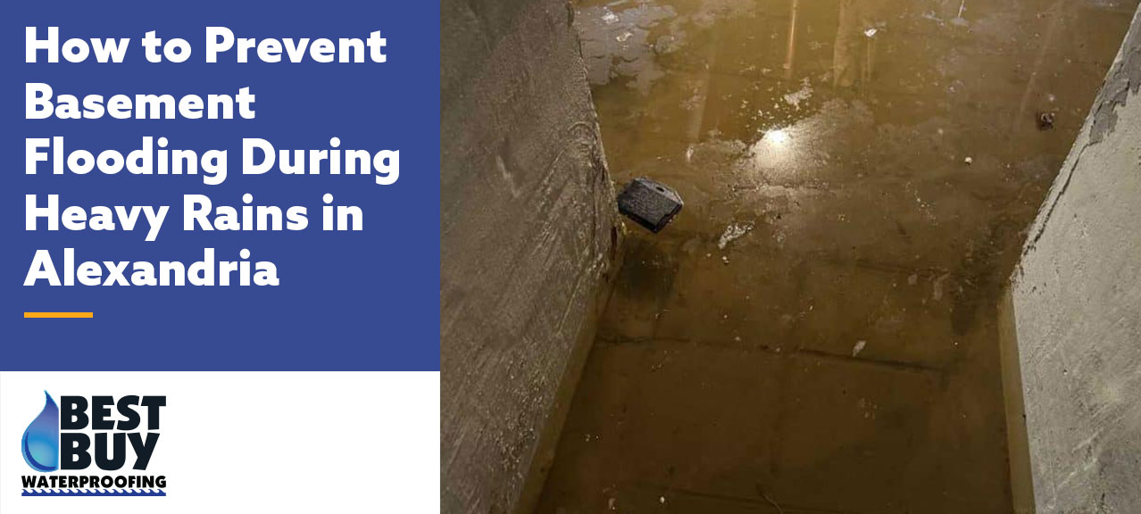 Flooded basement with standing water covering the concrete floor after heavy rainfall, featured in a blog about preventing basement flooding in Alexandria.