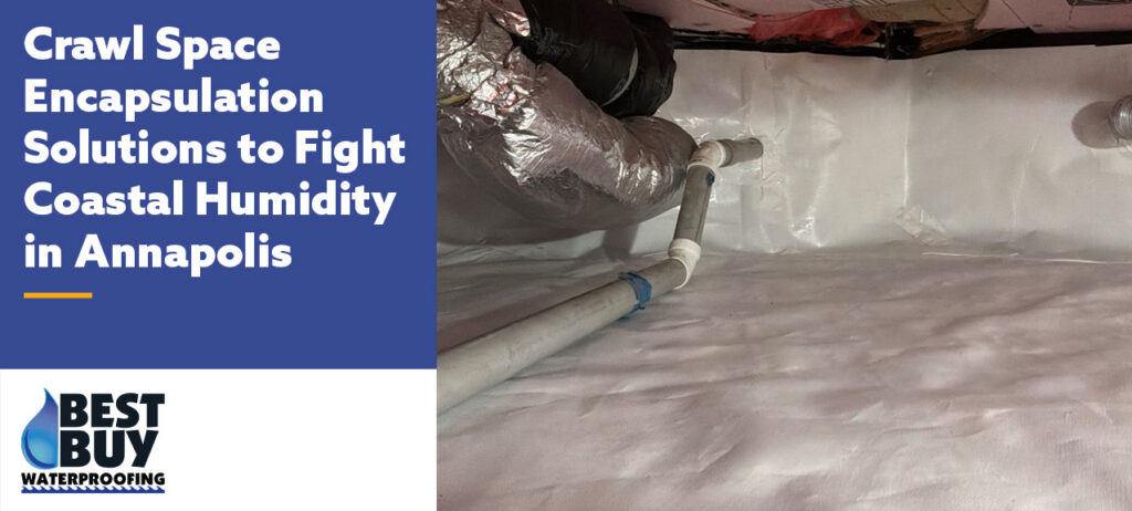 Encapsulated crawl space in an Annapolis, MD home featuring a sealed white vapor barrier across the floor and walls to help control coastal humidity and prevent moisture damage.