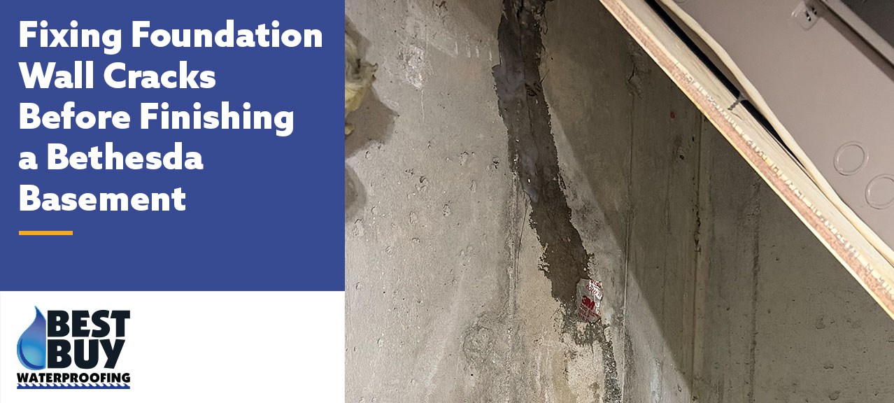 Repaired foundation wall crack in a Bethesda, MD basement, showing a sealed crack and patching material applied before basement finishing and remodeling work.