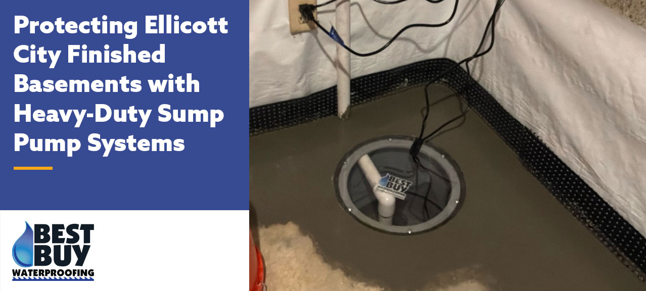 Heavy-duty sump pump system installed in a finished basement in Ellicott City, MD, providing reliable water removal and protection against basement flooding.
