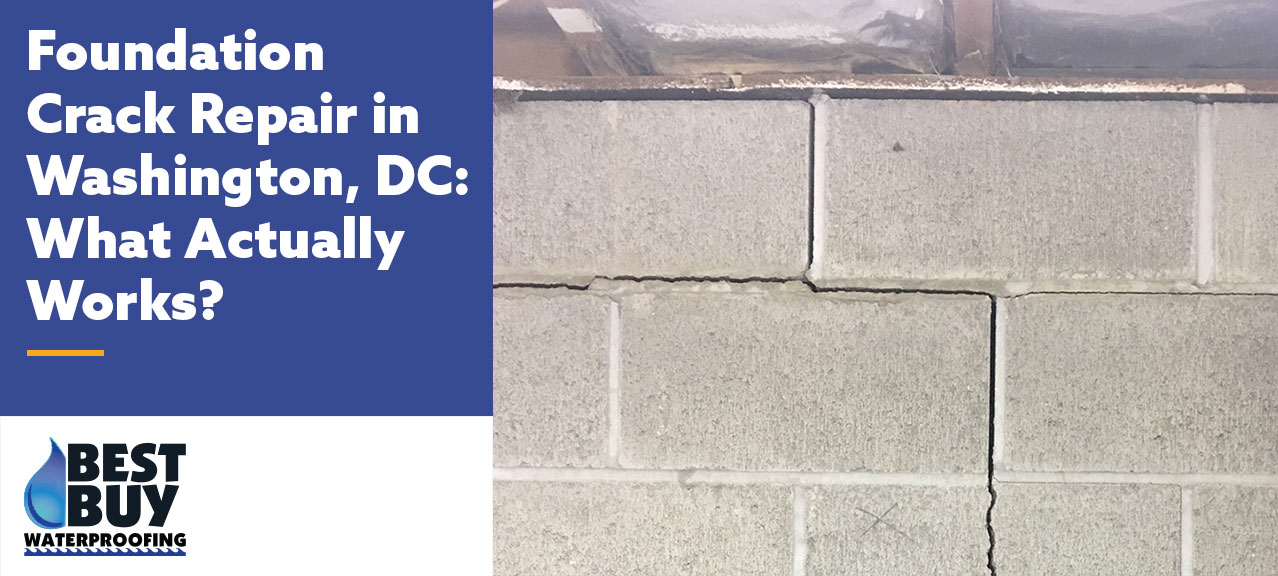 Cracked concrete block foundation wall in a Washington, DC basement showing horizontal and vertical cracks that may indicate foundation movement and structural stress.