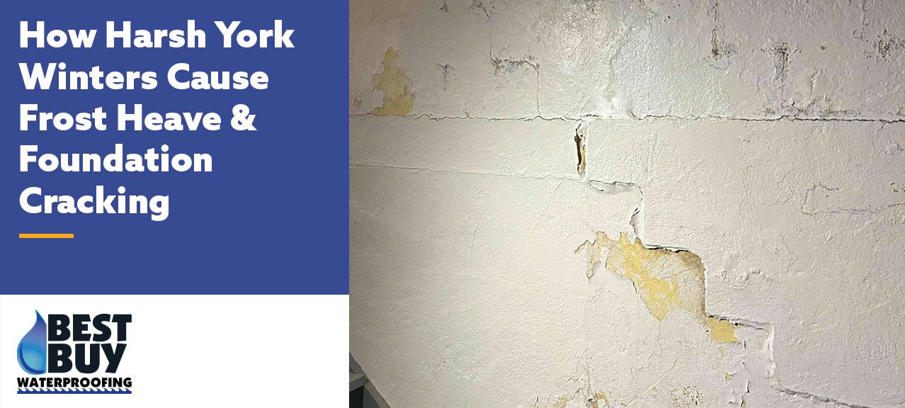 Cracked and deteriorating basement foundation wall showing the effects of frost heave and seasonal soil movement, a common cause of structural damage in York-area homes.